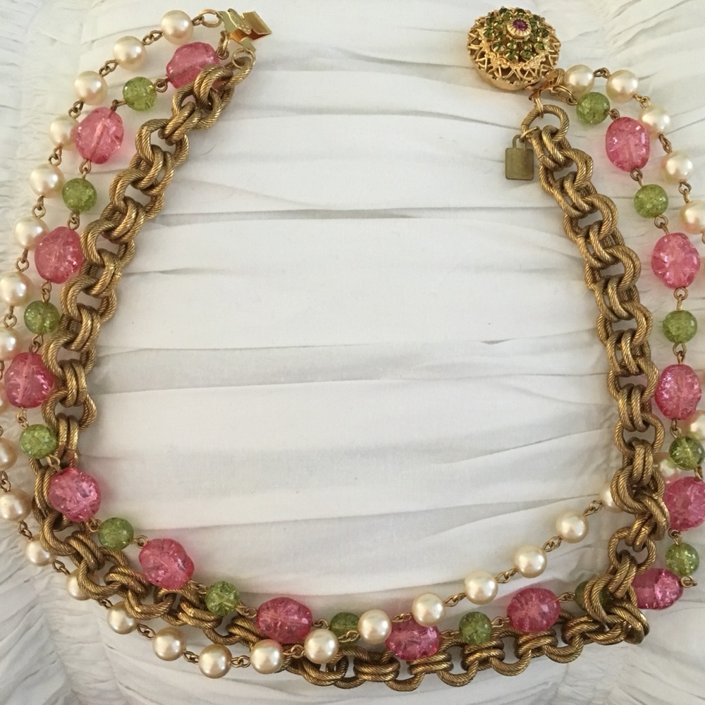 Vintage signed tag John Wind Gold Necklace with Pink, Green and Pearl Accents